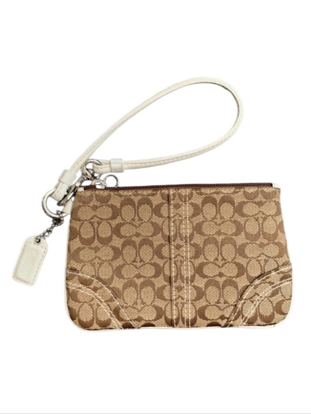 Coach Y2K Signature C Brown Canvas White Leather Wristlet with White Strap